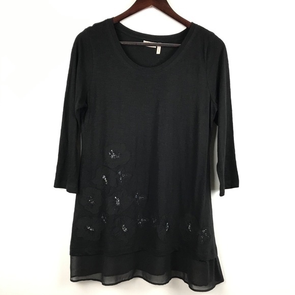 LOGO Slub Knit Embellished Chiffon Trim Tunic Women’s Size XS Black - Picture 3 of 9
